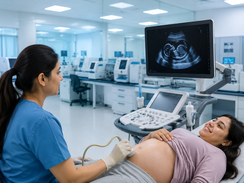 Advanced maternal-fetal medicine ultrasound system performing a precision fetal Doppler study to map umbilical artery blood flow metrics